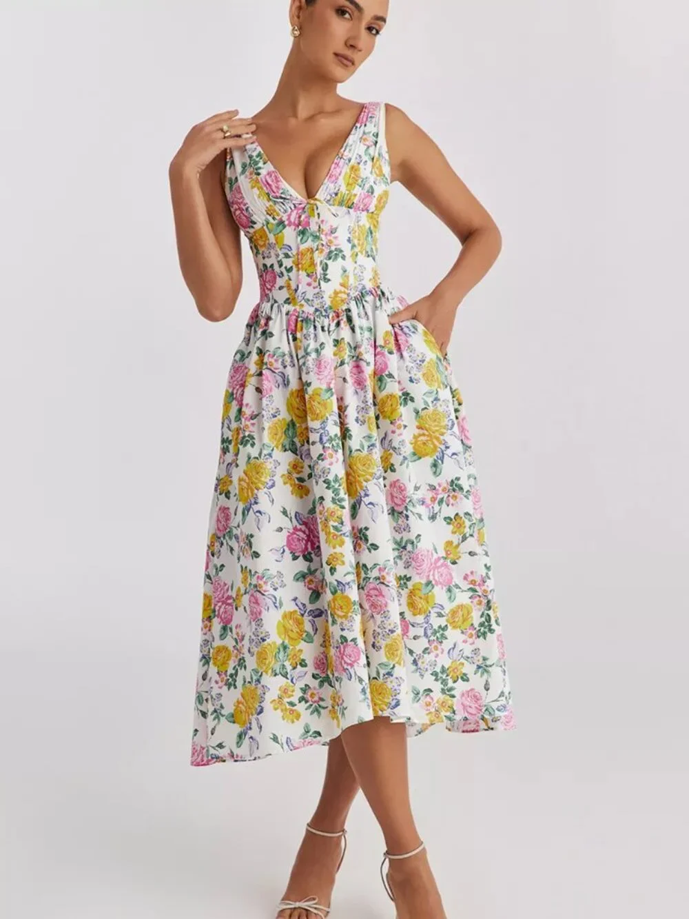 V-Neck Sleeveless Midi Dress - Picture 3 of 16
